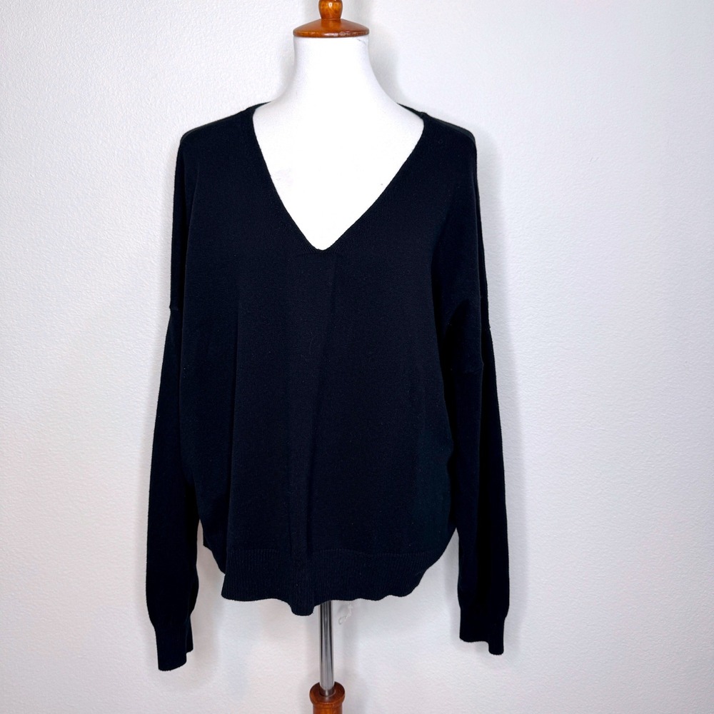 NUUDS Boxy V-Neck Sweater XL Black Cotton Blend Minimalist Lagenlook Oversized